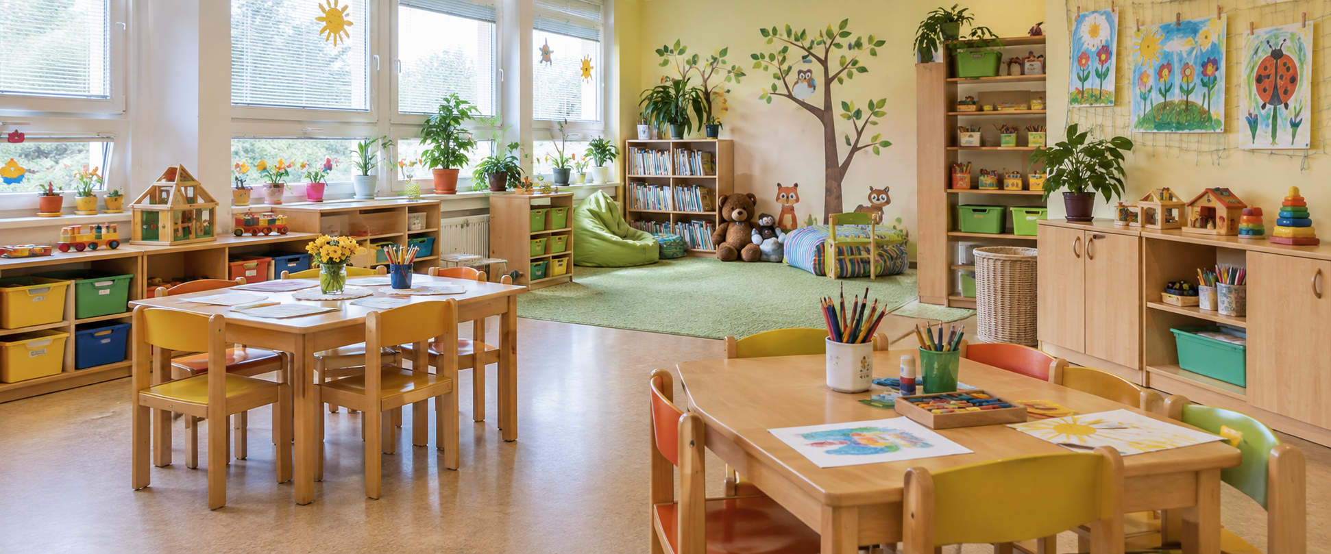 Barevná učebna mateřské školy s výtvarnými pracemi dětí
